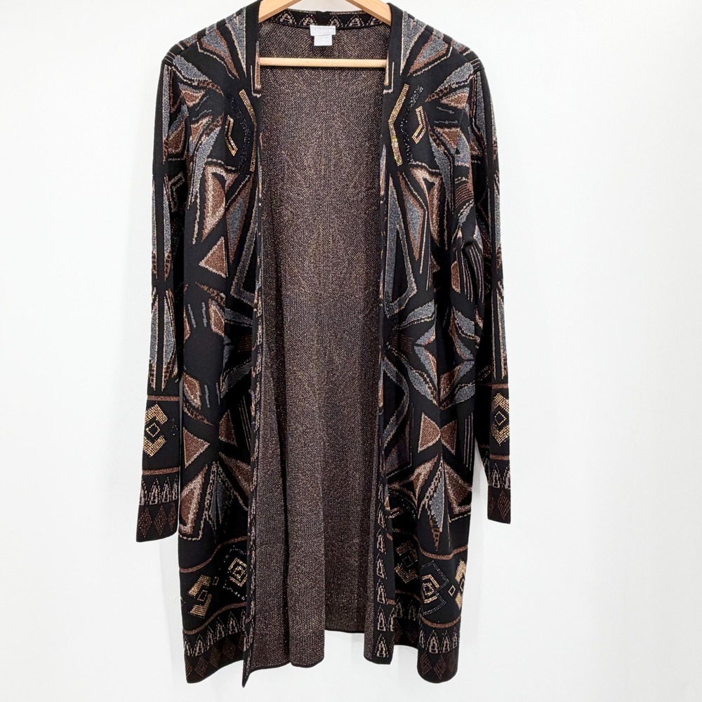 Chico's Size 3 XL Long Duster Cardigan Black Metallic Geometric Beaded Boho Knit